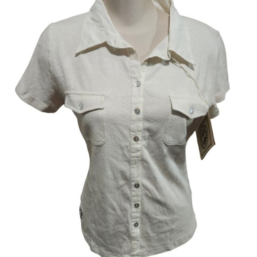 Nwt Silk Blend Button Up Short Sleeve Shirt Cream XL Women's Topearth collection